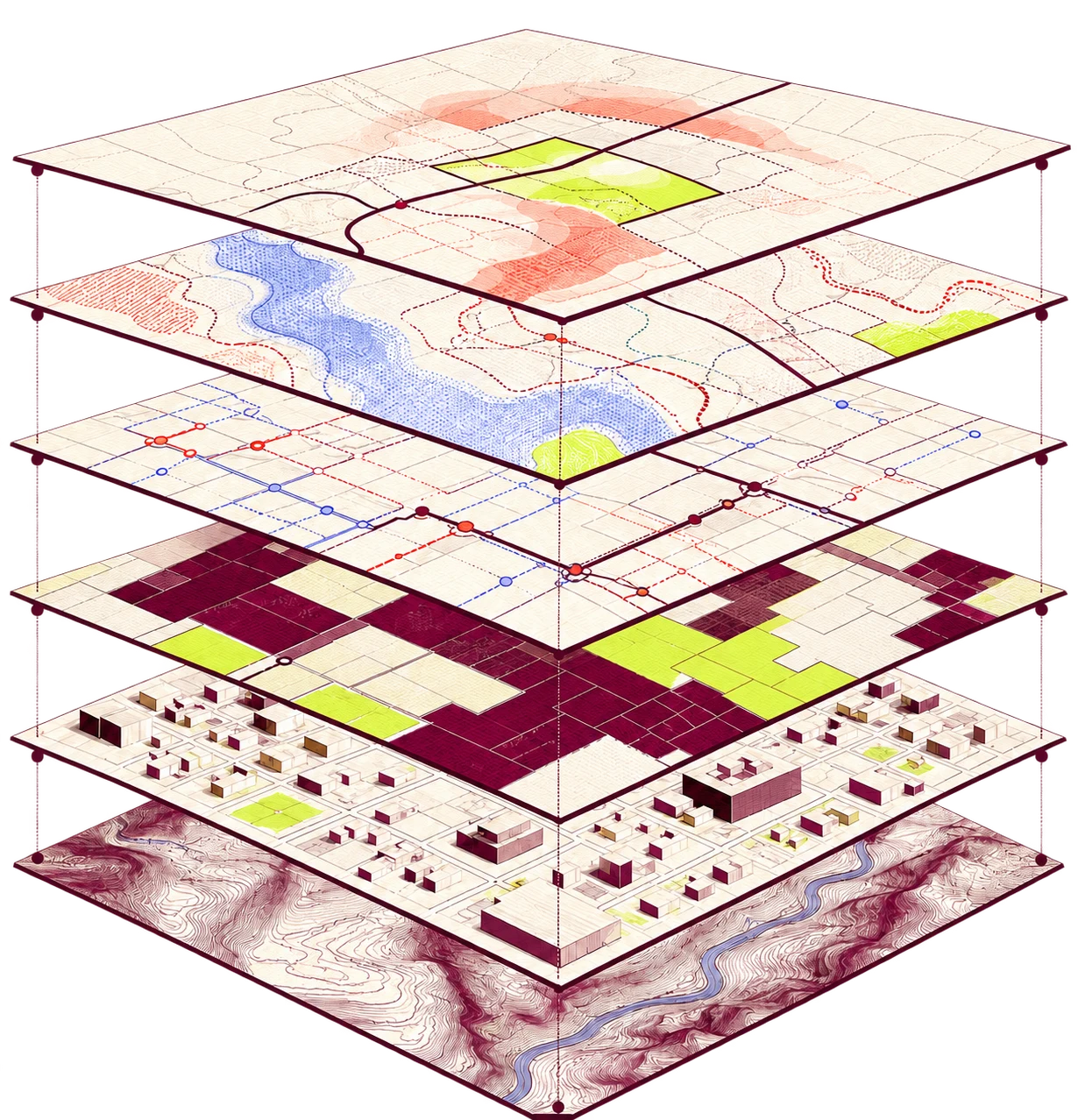 Six aligned geospatial data layers shown as an exploded stack